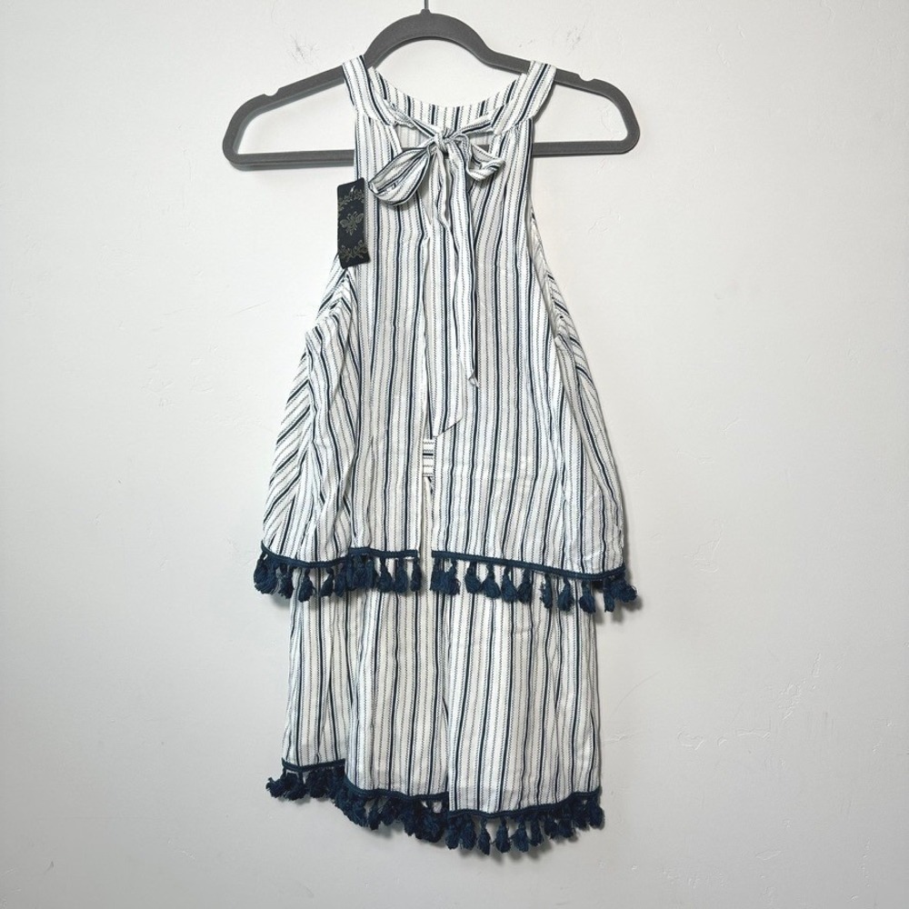 Main Strip Womens Blue White Striped Tassel Halter Romper Small NWT Resort Beach - Picture 2 of 6